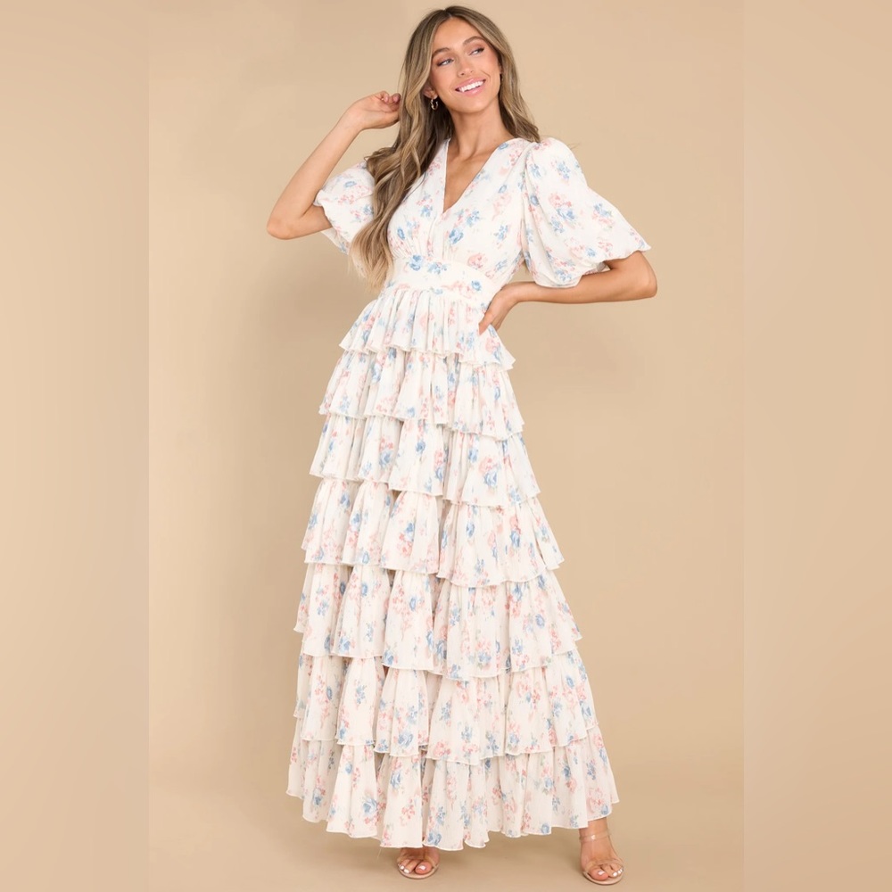 Red Dress Boutique Cream Floral Tiered Maxi Dress with Pink & Blue Print
